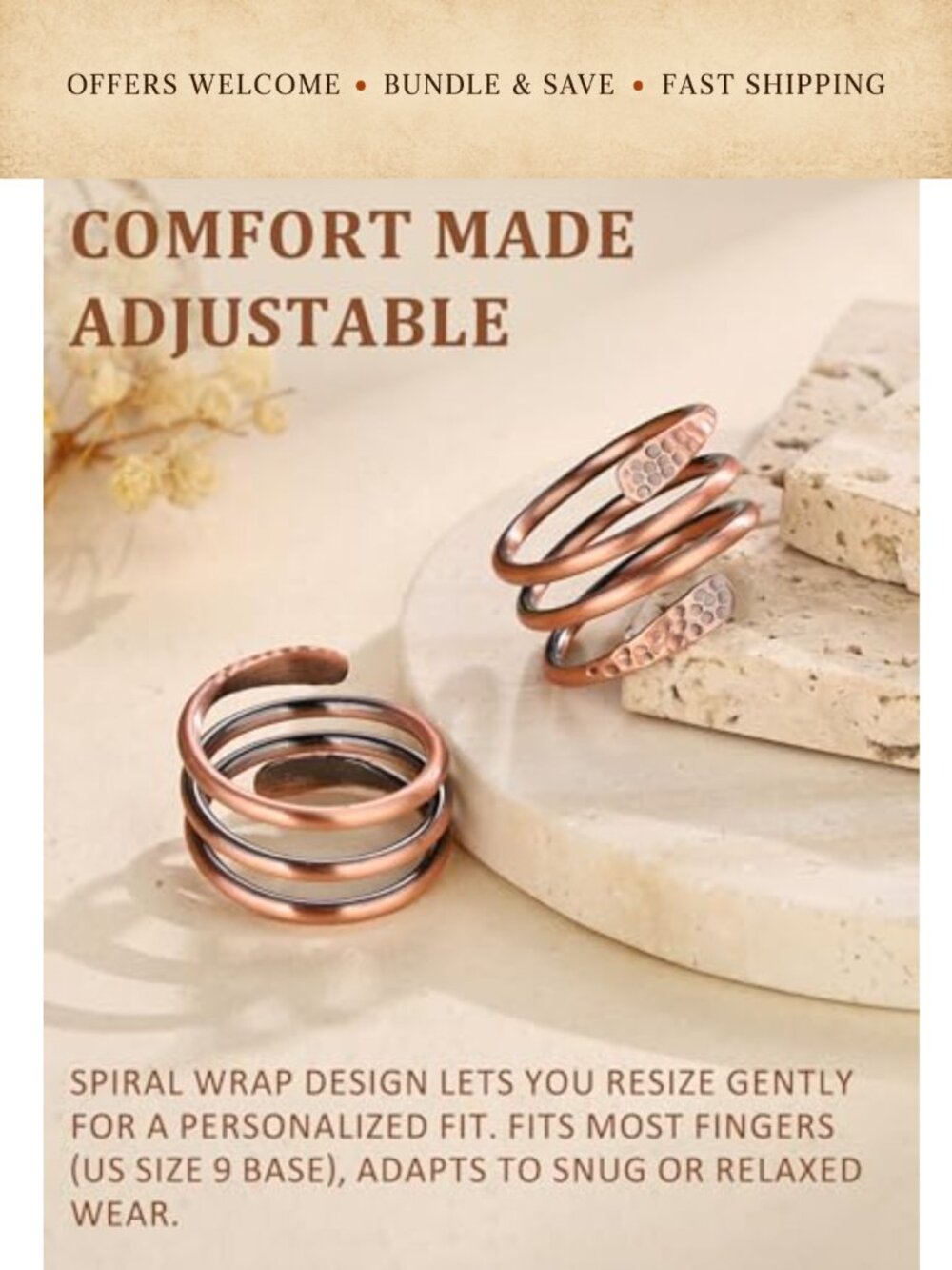2-Pack Pure Copper Open Spiral Wrap Adjustable Rings Handmade - Picture 2 of 6